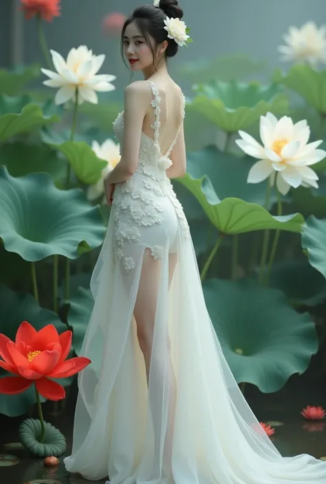 a woman in an elegant, flowing white gown adorned with floral designs. She is standing in a serene environment surrounded by large lotus flowers in various colors, including white and red, along with broad green leaves. The setting resembles a tranquil gar...