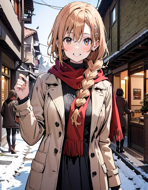 Asuna Yuki , bangs,Alone, Long braids, Hair,  brown eyes, single braid,Medium breast,smile,blush, open their mouths, red scarf,White Down Coat , ( sweater :1.2),( turtleneck:1.2), long skirt ,  boots, standing,snow,whole bodyがイラストに入るように, break looking at v...