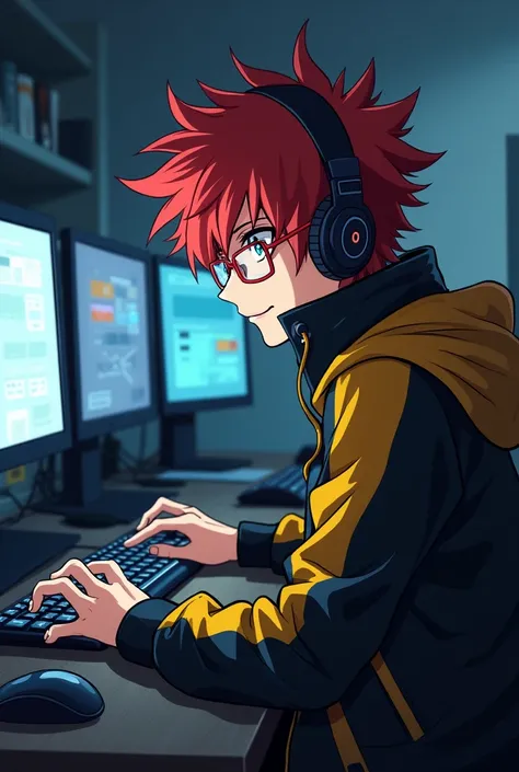  I want an image of 707 from Mystic Messenger anime style .  707 usually wears a black and yellow jacket , red glasses and headphones .  His hair is red and messy ,  and he always has a playful smile on his face .  You can imagine a scene where he is in fr...