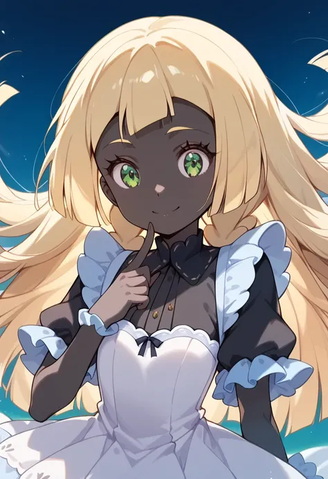  Masterpiece, high resolution, top quality,8k((pitch black skin))
(lillie,blonde hair,blunt bangs,green eyes,long hair)

smile
