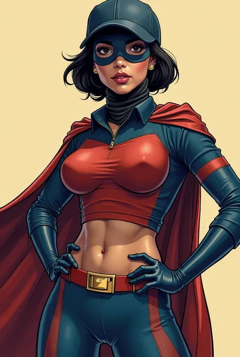  a young java woman with short hijab as a superhero with polo Cap, wearing pinarofe with tight-fitting chlotes, hotpant with leggings, pinarofe, gloves, molded eye mask, oversized_breasts.", beautiful_breasts. Big breasts and big ass. In style of the comic...