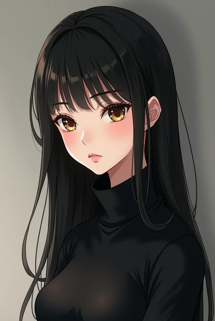 Straight black-haired woman with white skin black turtleneck shirt with brown eyes in a thoughtful pose anime manga style