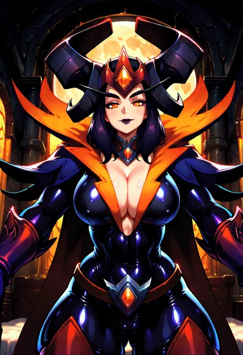 best quality, (anime style:1.3),(1girl,solo:1.2) , uploaded on e621, explicit content, (rak), 1girl, female, solo, alexdark, dark purple bodysuit, orange cowl, dark purple hair, cleavage, dark cape, orange eyes, thigh boots, belt, dark tiara, large breasts...