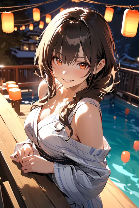 1 girl, (charming face), (smirk:1.2), long hair in a ponytail, medium breasts, slender, (wearing modern yukata), bright colors, above knee length, (radiant skin), 
BREAK 
hot spring village, steam billowing, arched bridge, lanterns glowing softly, (leaning...