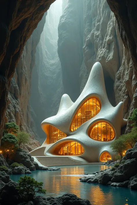  Futuristic Grand Institute with organic shapes, Golden windows, architecture sculpted inside a large cave