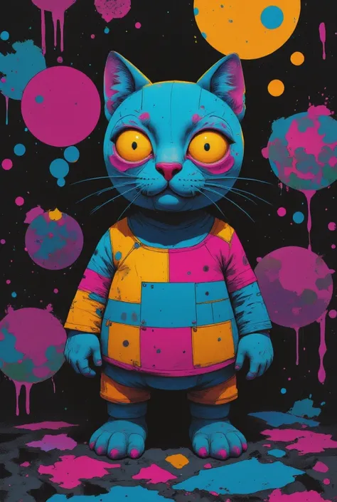 Design a retro plush cat character with stitched eyes and a patchwork body. The character should have a playful expression, with glow-in-the-dark features and a graffiti-style background 