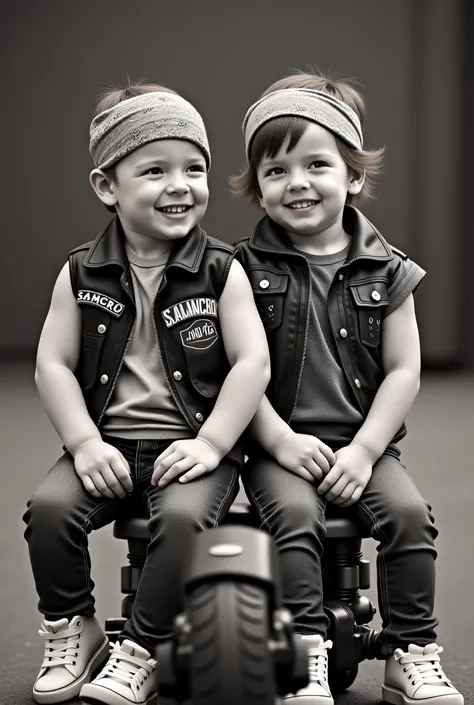  two ren ,  A boy and a girl,  aged around 3-s ,  sitting on a small chopper motorcycle .  Both ren wear bandanas ,   and the boy is wearing a leather vest with the lettering  "SAMCRO".  The ren wear jeans and white sneakers .   The girl smiles and shows h...