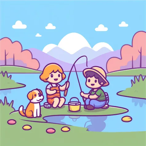 クッキーA cute and colorful cartoon-style illustration of a parent and  fishing by a peaceful lake, with their playful dog sitting beside them, wagging its tail. The water reflects the bright sky, and a fish is just about to be caught!Cartoon Characters,  flat...