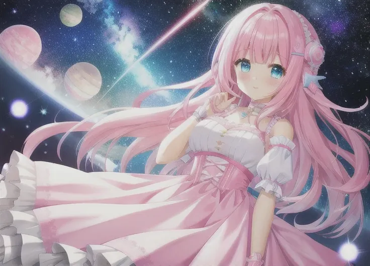 Fluffy hair、 pink to light blue gradation hair、 sparkling eyes 、 colorful clothes、 space motif clothes 、 Long Dress 、 frill、Dream motif 、 BRIGHT、 top quality、bandage、 one girl