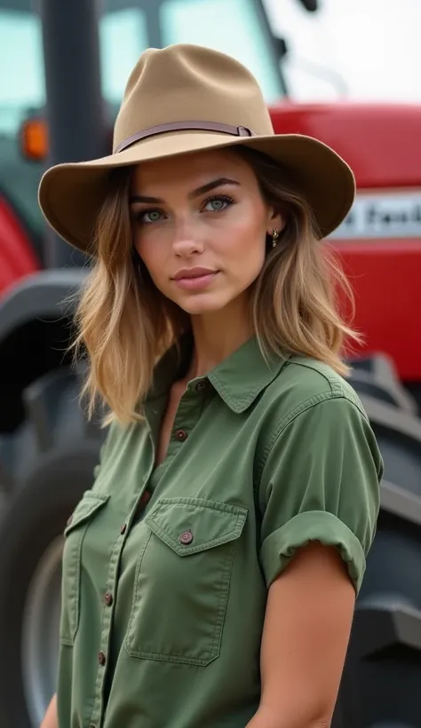 a beautiful woman standing wearing a green button-down shirt and a light brown safari hat . She has shoulder length petro hair slightly in front of a Massey Ferguson 275 tractor with a red and white background, tiny house sfw huge breasts ,  Big breasts!, ...