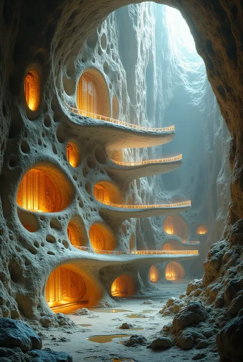  Futuristic Grand Institute with organic shapes, Golden windows, architecture sculpted inside a large cave filled with tunnels and crystals