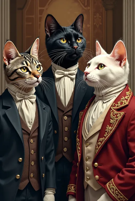 Black cat, gray tabby and white siamese draw them like brothers in an aristocratic dignified outfits The black cat is the head of the household the siamese is white with brown nose and ears 