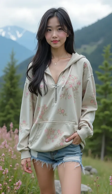 Wide angle photo of Asian woman, fair face, good figure, youthful face, good skin, pink cheeks and lips, black hair tied at the back, pinkish white skin, wearing a long-sleeved hoodie with patterns and revealing beautiful breasts, ripped shorts, standing o...