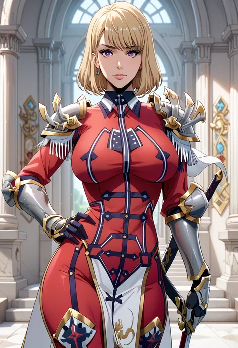 best quality,masterpiece,large breasts,purple eyes,blonde hair,1girl,,medium hair,mature,hand on own hips,looking at viewer,from front,ChaHaeInArmor, red bodysuit, shoulder armor, gauntlets, armored boots, military, pelvic curtain,cha hae in,bangs,sword