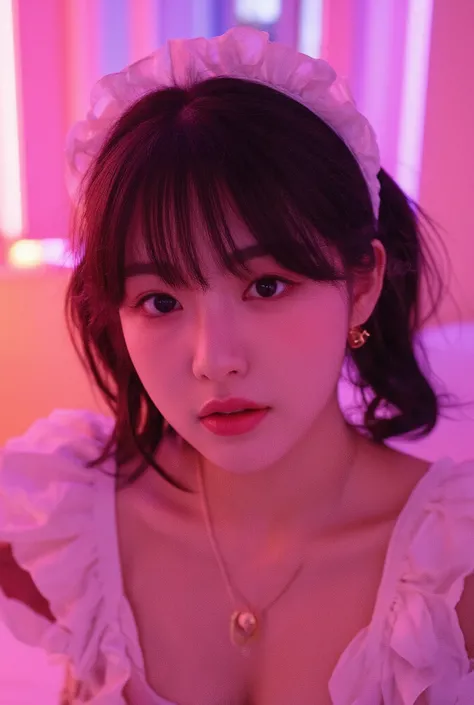 ((top quality)), ((masterpiece)), (Details),one Japanese girl, age 18,japanese idol face,droopy eyes,smile ,open mouth,look at me , black tying hair, white skin ,french maid costume,ribbon accents,cleavage, small gold earrings,small gold necklace,(accurate...