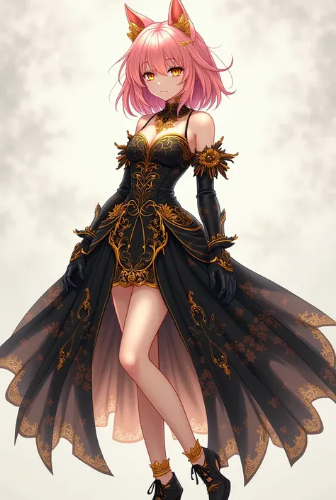  a werewolf girl anime,  fair skin ,  pink hair,  golden eyes, dazzling and luxurious black and gold dress stunning black and gold skirt, Golden socks, black and gold shoes ,  serious expression .
