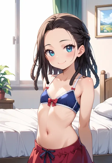 (( top quality)), (( Masterpiece)), (be familiar with),  perfect face,  indoor, bedroom,  watching viewers,
One woman, Discovered,
開いた口,  ecstatic expression, blush, smile,
 small tits,  flat chest, Young girl,  lori,  s,  girl,
 long hair,  dreadlocks,
 o...