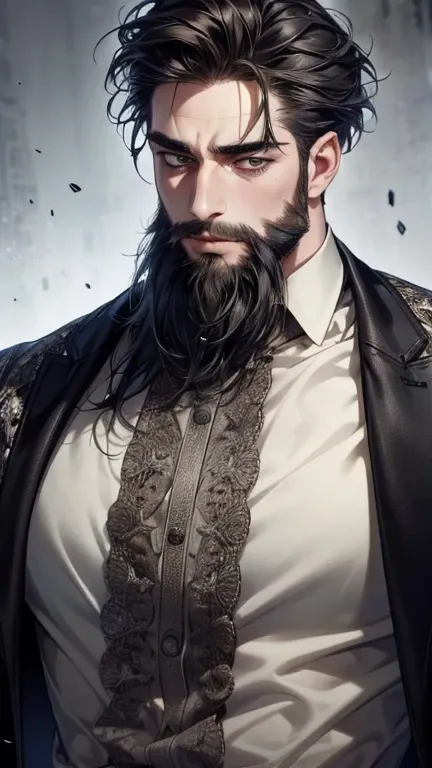 ( Better quality,4K,8k, highres, masterpiece:1.2), ultra-detailed ,(realistic,photorealistic,photo-realistic:1.37),36-year-old man,3 day beard,Cute anime ,Portraits,strong,Masculine, dark hair,sharp jaw,  mesmerizing eyes  , perfectly combed hair, cool ani...