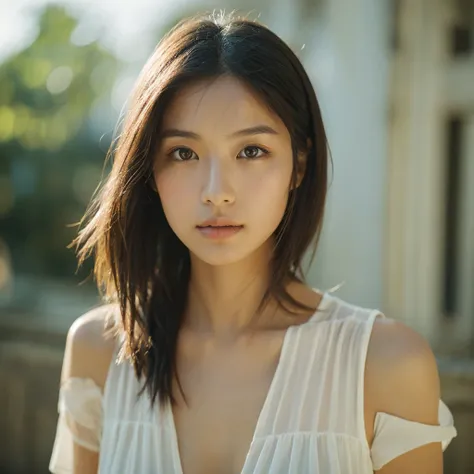 A hyper-realistic image of a single Japanese woman in her early 20s, captured with the nostalgic warmth and subtle graininess of a film camera. Her skin has a warm beige tone with a natural, slightly rough texture that includes visible pores, fine lines, a...