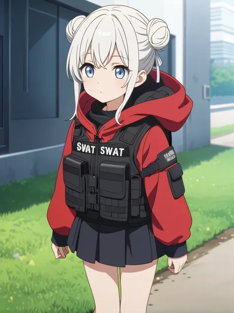  super high resolution,  top quality,  very detailed,  low 2 small bun hair, White hair color,  very light blue eyes , anime,  girl, red hoodies, black miniskirt , white background,Petite,delicate,SWAT vest ,