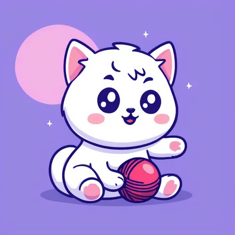 A high-quality, cute and colorful cartoon-style illustration of an adorable kitten playing energetically with a bright red ball of yarn. The kitten's fluffy fur is soft and well-defined, with big, sparkling eyes full of curiosity. Its paws are reaching out...