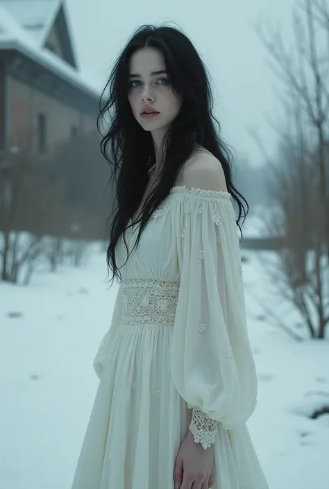 a goth woman in white dress, russian 