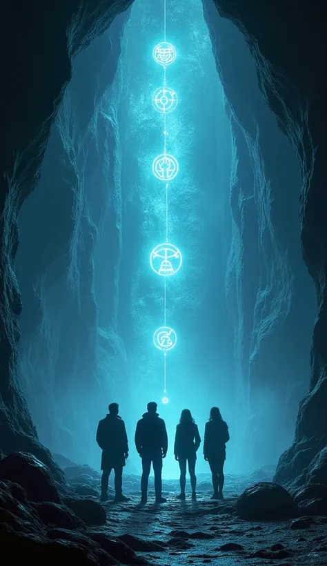 The team stops, staring at glowing symbols that appear on the walls of the cave as they walk deeper. The light pulses with an ancient energy, creating a surreal and mystical atmosphere.