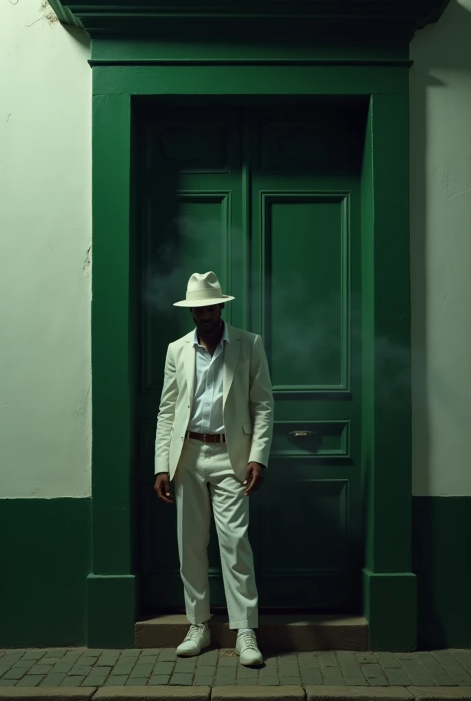 a mulatto man, with head down,  leaning against the door of a Portuguese colonial-style house, the door and the door frame are painted in green, The wall is white. Sidewalk and street with cobblestone.  He keeps his head down, Wear a white Fedora hat, Do y...