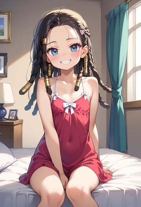 (( top quality)), (( Masterpiece)), (be familiar with),  perfect face,  indoor, bedroom,  watching viewers,
One woman, Discovered,
開いた口,  ecstatic expression, blush, smile,
 small tits,  flat chest, Young girl,  lori,  s,  girl,
 long hair,  dreadlocks,
 o...