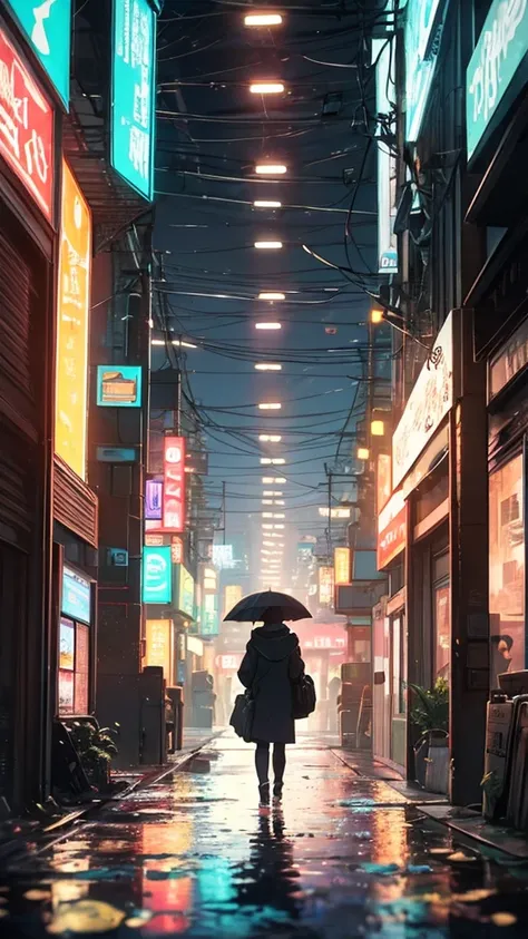 Neon convenience store entrance, pouring rain, anime style, midnight mood, puddles reflecting, lo-fi aesthetic, cyberpunk meets slice of life, electric blue and purple color palette, 5 Centimeters per Second inspired 