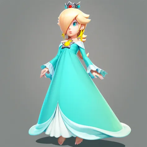 blue eyes, silver crown on top of head, Rosalina, 1girl, yellow gem on top of dress, bang covering eye, long blonde hair, bare shoulders, long sleeves, star shaped earrings, blue dress, thick lips, barefoot, feet