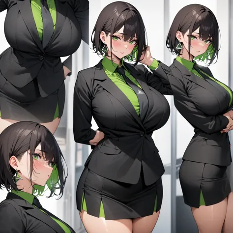 masterpiece, (((( best quality )))),character profilele,shiny skin, wearing a black suit,skirt suit, black tie , dark hair, short bob hair,The inner color of the hair is green, green eyes,isosceles triangle earrings,big breasts