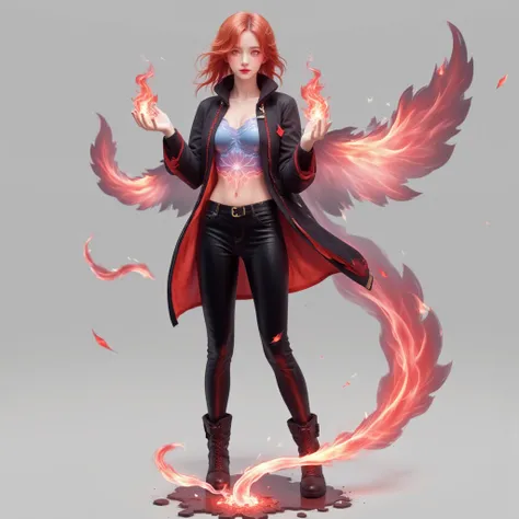  a stylized female figure with long wavy hair in shades of red and orange ,  that seem to blend with flames .  The character is dressed in a black jacket with red details , a light blue blouse , black pants and black boots with buckles.  She holds flames i...