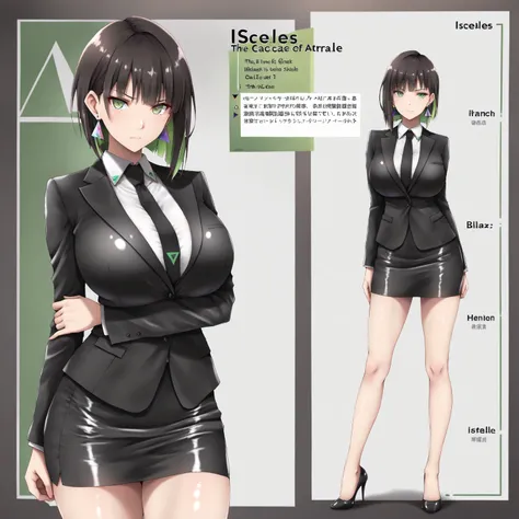 masterpiece, (((( best quality )))),character profilele,shiny skin, wearing a black suit,skirt suit, black tie , dark hair, short bob hair,The inner color of the hair is green, green eyes,isosceles triangle earrings,big breasts