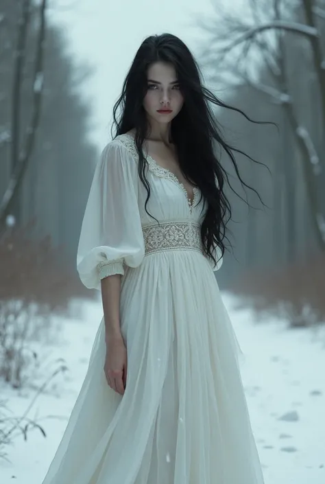 a goth woman in white dress, russian 