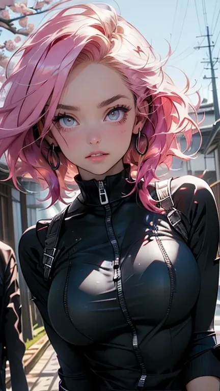 tmasterpiece， Best quality at best， 1girll， Sakura Haruno， Large breasts，Off-the-shoulder attire，（cleavage)，（upperbody closeup)，Raised sexy，is shy，ssmile，with pink hair， long whitr hair， （Green eyeballs:1.4)， Forehead protection， the cherry trees，Cherry bl...