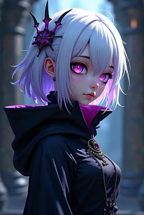  anime girl image, albino hair with purple highlights and blue and red eyes ,  with lenses lost gaze of about 20 years old who is villainous medieval clothing 
