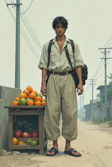 A young man, 27 years old, Selling fruit, bored, image with pale and sad tones, maga-style image or illustration