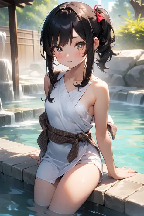  top quality,   super high resolution, (( cute middle school girl)),( small tits), outdoor、hot spring、 with a bath towel wrapped around it、Tied up black hair、 brown eyes、