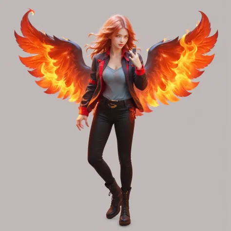  a stylized female figure with long wavy hair in shades of red and orange ,  that seem to blend with flames .  The character is dressed in a black jacket with red details , a light blue blouse , black pants and black boots with buckles.  She holds flames i...