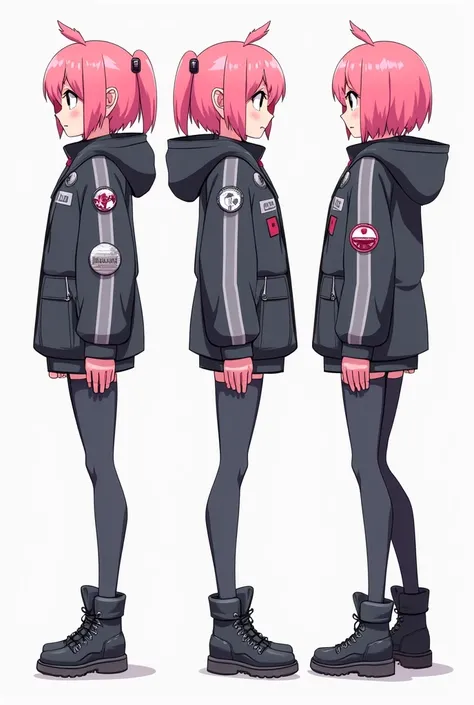 Anime-style character turnaround sheet, low-poly design, cyberpunk aesthetic, pink hair, futuristic clothing, game character concept art, front and side view, cel-shading style, high detail, vector illustration