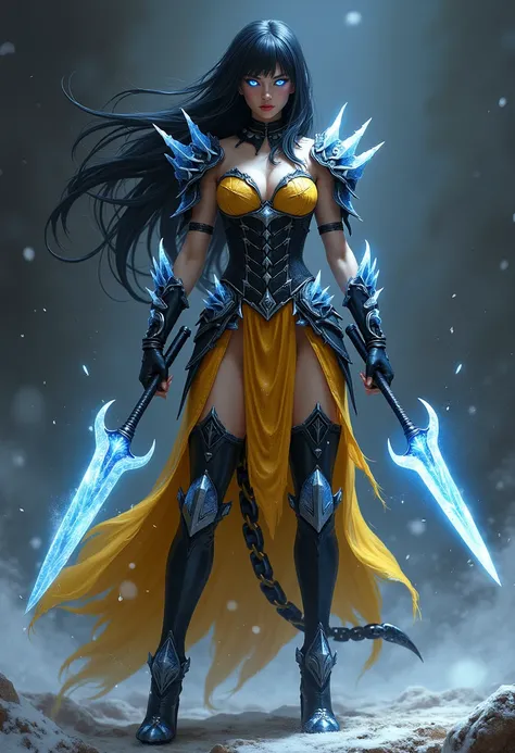 
Here’s a detailed prompt for a fusion of Snow White, Scorpion, and Sub-Zero:

"A striking and realistic fusion character combining elements of Snow White, Scorpion, and Sub-Zero from Mortal Kombat. The character has Snow White’s fair skin and long, flowin...