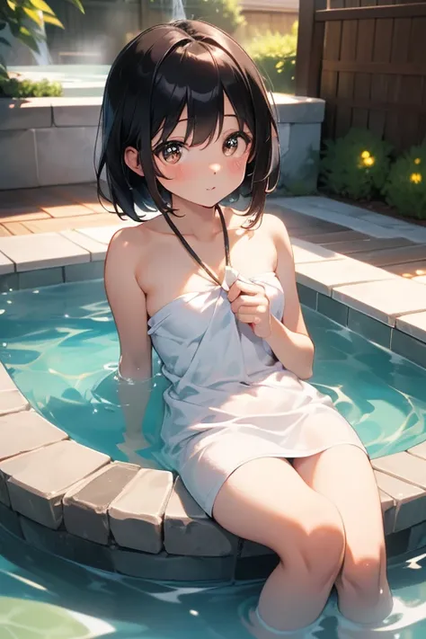  top quality,   super high resolution, ((Cute  )),( small tits), outdoor、hot spring、 bath towel、Tied black hair、 brown eyes、