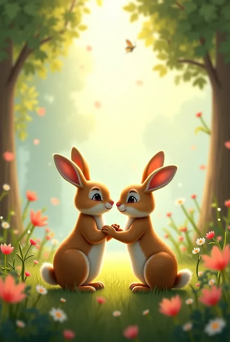 Rosie and Benny saying goodbye:
    - A rabbit and butterfly hugging or waving goodbye, surrounded by the beauty of nature.