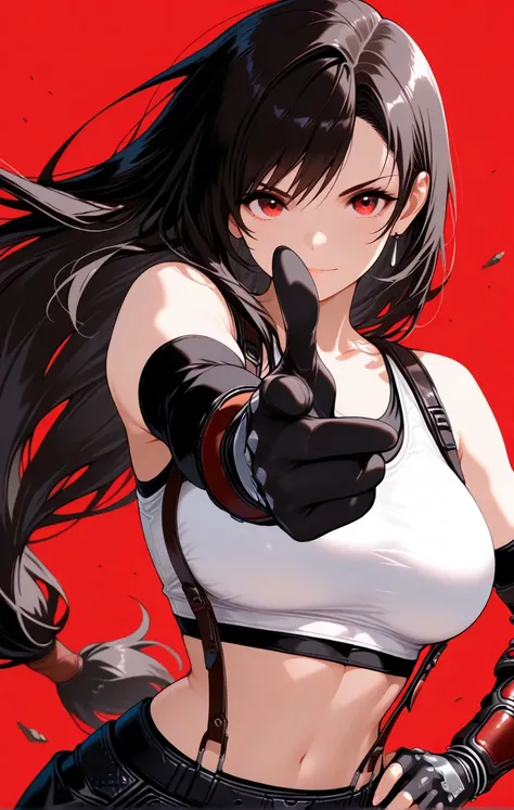 1girl, tifa lockhart, glove, finger gun, pointing at viewer, wind , floating hair, hair behind ears, large breast, angle view, rear, masterpiece, best quality, simple background, other hand on the hips, upper body, red background