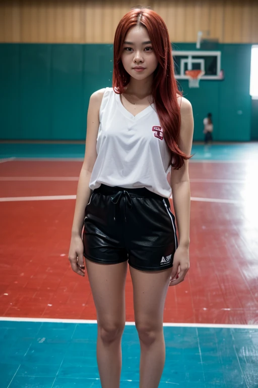 Girl with long red hair. Wearing Wet white sando and black short. Standing in basketball court