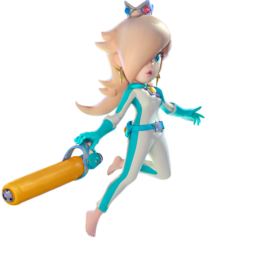 rosalina, bodysuit, biker suit, bikesuit 1girl, solo, long hair, looking at viewer, simple background, gloves, white background, full body, hair over one eye, lips, star earrings, barefoot