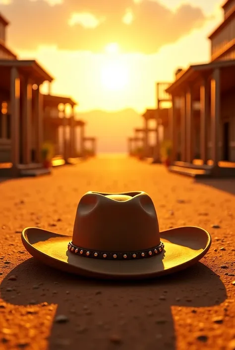 Create an image of a cowboy hat in the middle of a western village with scorching sun and very hot weather 