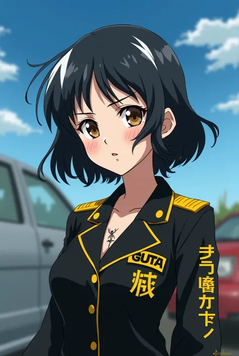 15-year-old skinny girl ,  brown eyes is square eyes with long eyelashes full eyebrows ,  full lips, oval face,  short black hair with white tufts with a piercing in the ear ,  she wears a black gang uniform with yellow letters in Japanese on her arms and ...