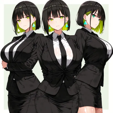 masterpiece, (((( best quality )))),character profilele,shiny skin, wearing a black suit,skirt suit, black tie , dark hair, short bob hair,The inner color of the hair is green, green eyes,isosceles triangle earrings,big breasts